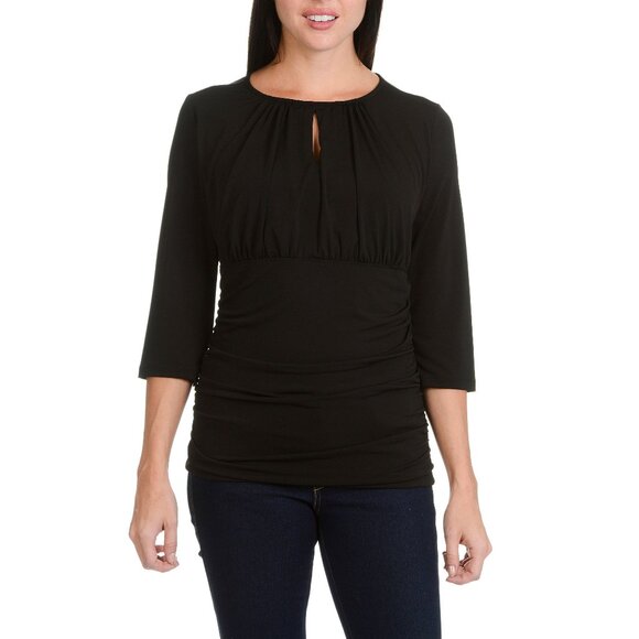 Larry Levine Slit Neck Ruched Knit Top in Black New With Tags Pre-Priced $54 - Picture 1 of 4